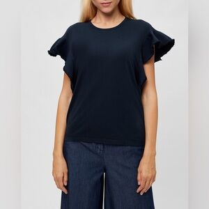 NWT Dorothee Schumacher Mixed Magic Shirt Navy Blue Ruffle Sz 2